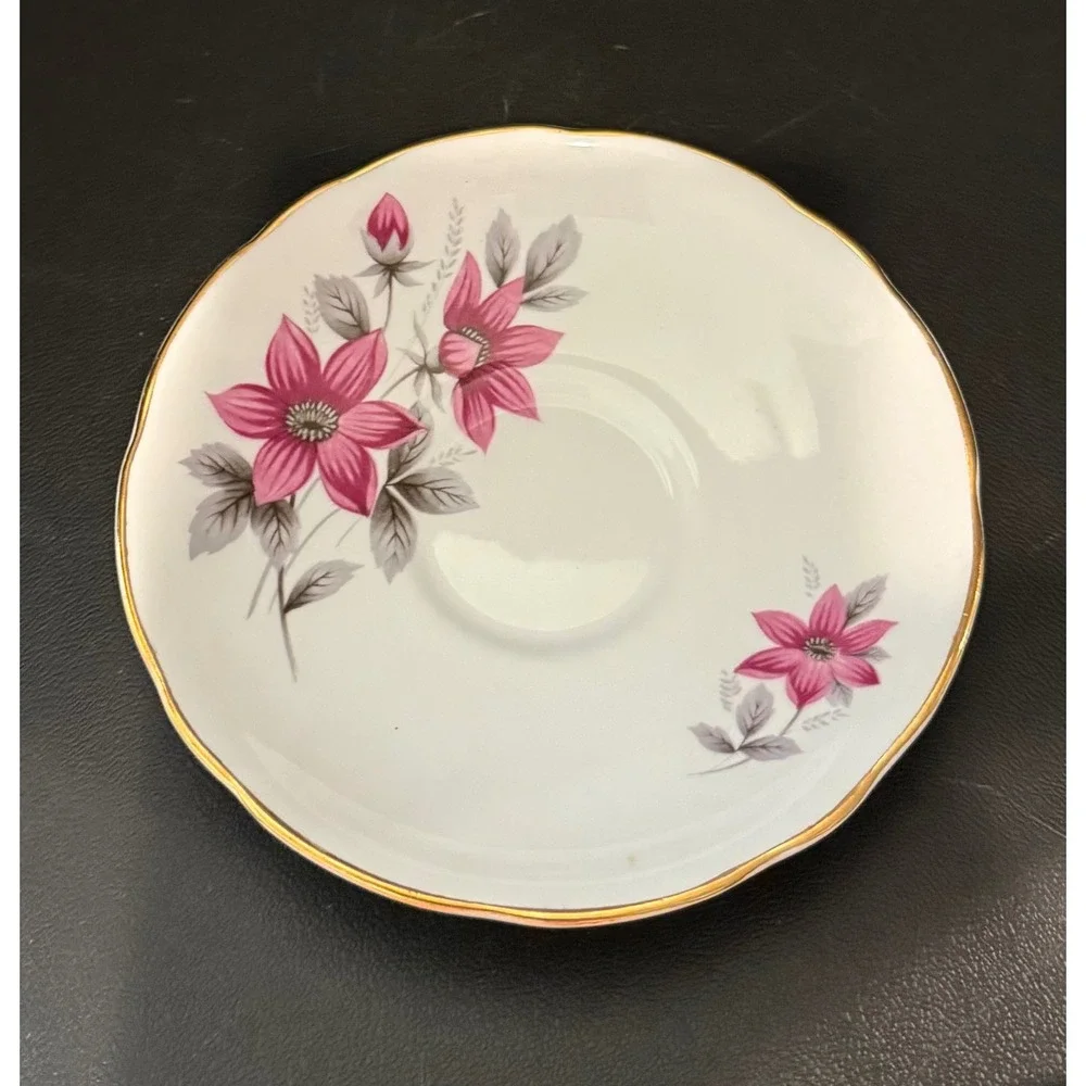 Royal Kent Staffordshire Teacup Saucer Pink Clematis Floral Gold Trim Bone China
